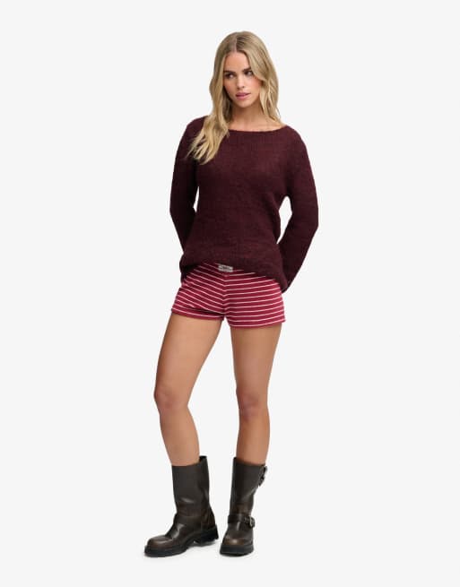 Superdry – Athletic Essentials – Shorts aus Frottee in Portweinrot gestreift mit Umschlagbund, 4 von 6