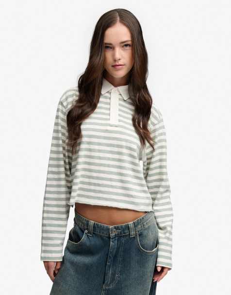Superdry Athletic essentials slub crop rugby top in ecru/light jade green