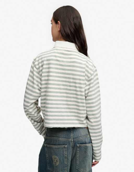 Superdry Athletic essentials slub crop rugby top in ecru/light jade green, 2 of 6