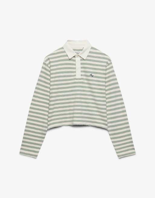 Superdry Athletic essentials slub crop rugby top in ecru/light jade green, 6 of 6