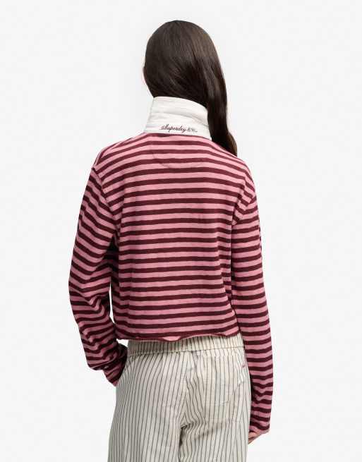 Superdry Athletic essentials slub crop rugby top in port red/rose blush pink, 2 of 6