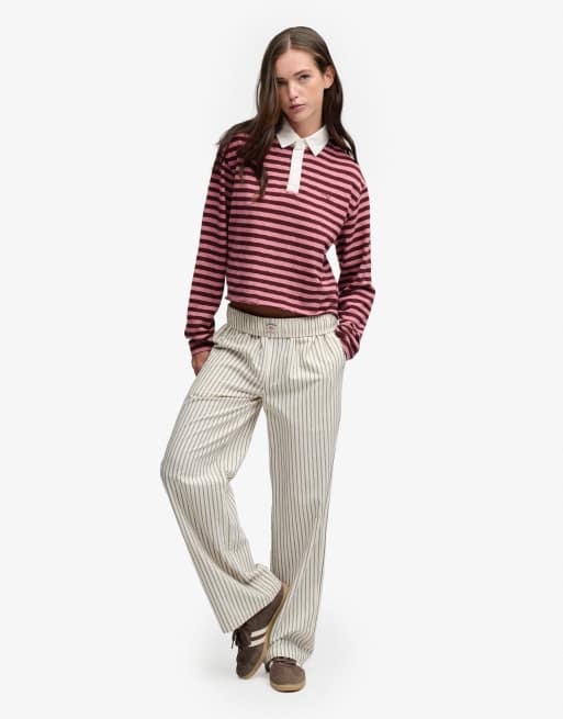 Superdry Athletic essentials slub crop rugby top in port red/rose blush pink, 4 of 6