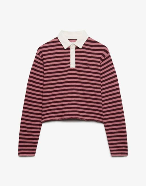 Superdry Athletic essentials slub crop rugby top in port red/rose blush pink, 6 of 6