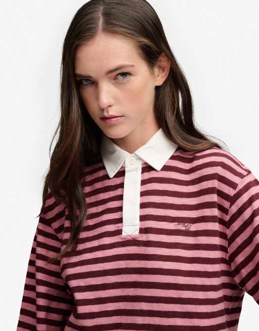 Superdry Athletic essentials Slub-Crop-Rugbytop in Portrot/Roséblassrosa, 3 von 6