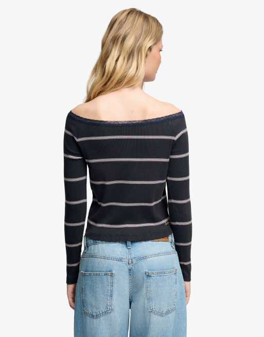 Superdry Athletic essentials Spitzentop mit langen Ärmeln in Rosa/Navy-Streifen, 2 von 5