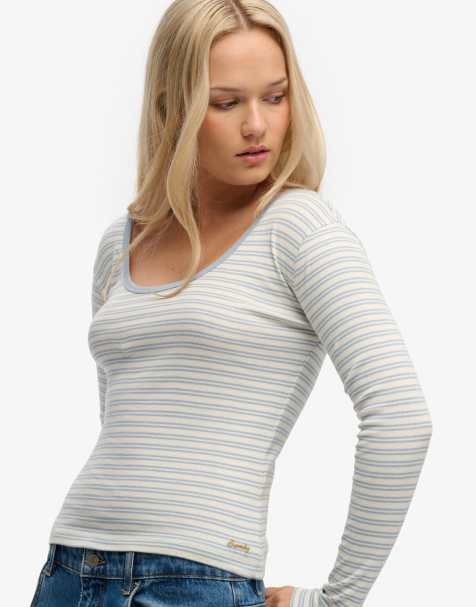 Superdry Athletic essentials striped long sleeve top in blue fog stripe