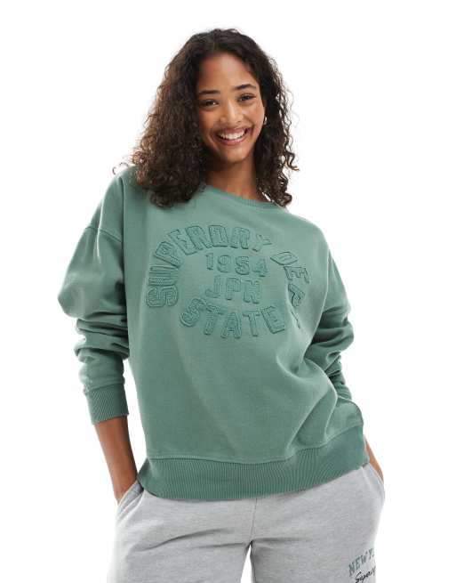 Superdry - Athletic Essentials - Sweat ras de cou avec logo appliqué ton sur ton - Kaki laurier