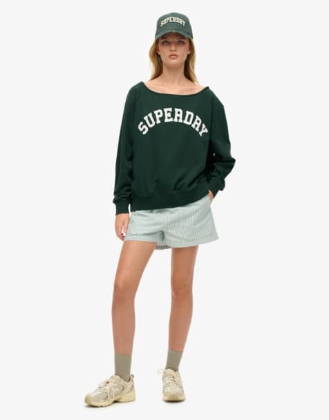 Superdry – Athletic Essentials – Sweatshirt in Emaille-Grün mit Bardot-Rundhalsausschnitt - view 1