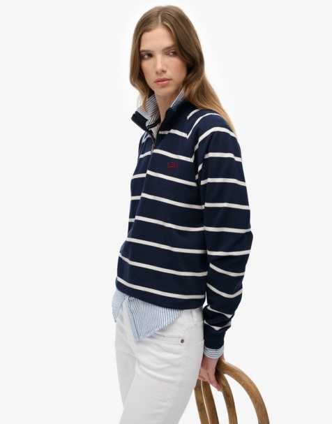 Superdry – Athletic Essentials – Sweatshirt in Marineblau gestreift mit kurzem Reißverschluss - view 1