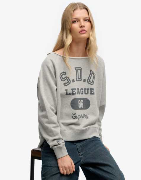 Superdry – Athletic Essentials – Sweatshirt in meliertem Grau mit Bardot-Rundhalsausschnitt - view 1