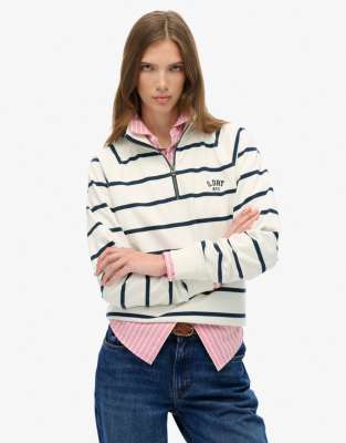 Superdry - Athletic Essentials - Sweatshirt in weiß und marineblau gestreift mit kurzem Reißverschluss