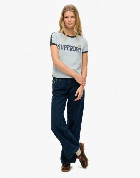 Superdry – Athletic Essentials – T-Shirt in Nebelblau mit Streifen - view 1