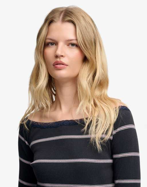 Superdry Athletic essentials top à manches longues en dentelle à rayures rose/marine, 3 de 5