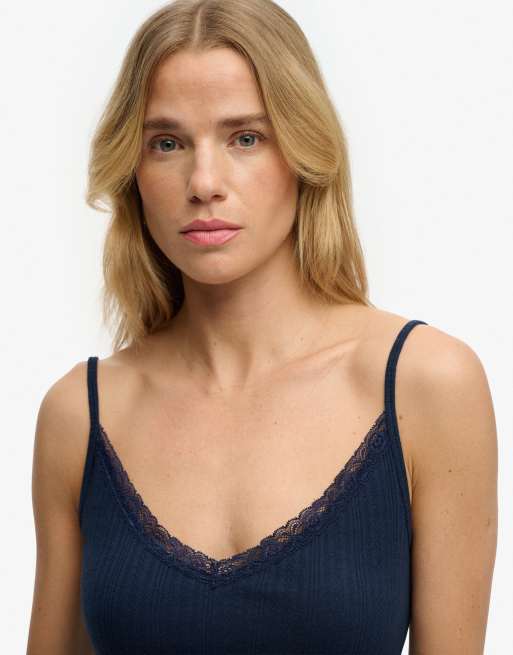 Superdry Athletic essentials v neck pointelle cami top in lauren navy, 3 of 4