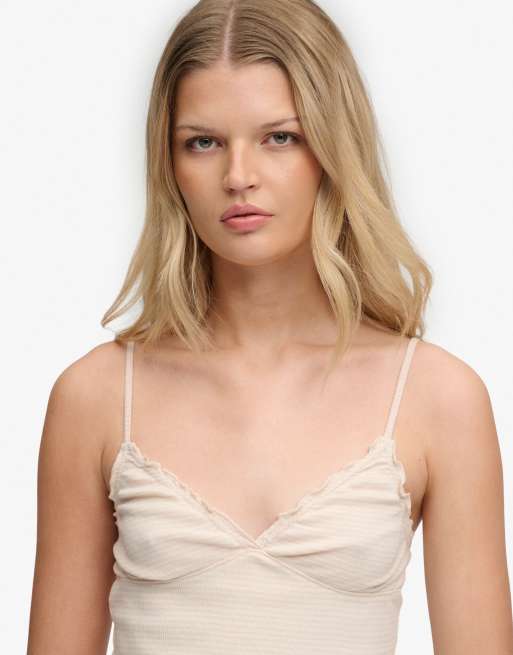 Superdry Athletic essentials v-neck waffle cami top in rose blush pink stripe, 3 of 6