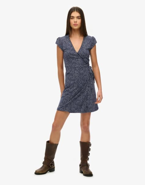 Superdry Athletic essentials wrap dress in navy ditsy - view 1