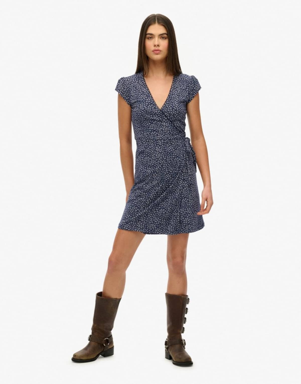 Superdry Athletic essentials wrap dress in navy ditsy