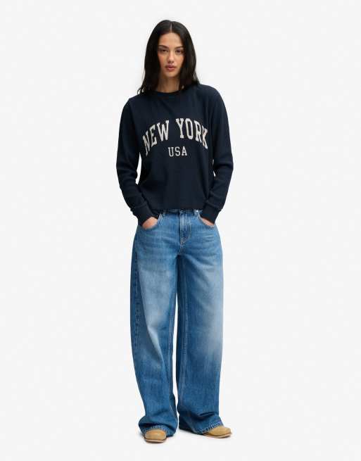Superdry – Athletic – Langärmliges Basic-Oberteil in Eclipse-Marineblau mit Print, 3 von 5