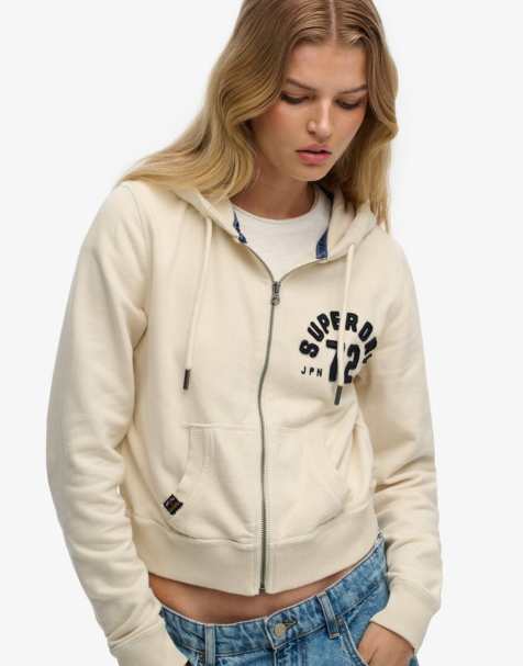 Superdry – Athletic – Locker geschnittene Cropped-Kapuzenjacke in Turtledove-Cremeweiß mit Reißverschluss - view 1