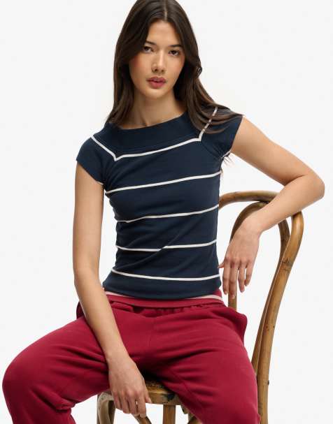 Superdry Athletic off shoulder pattern top in navy stripe - view 1