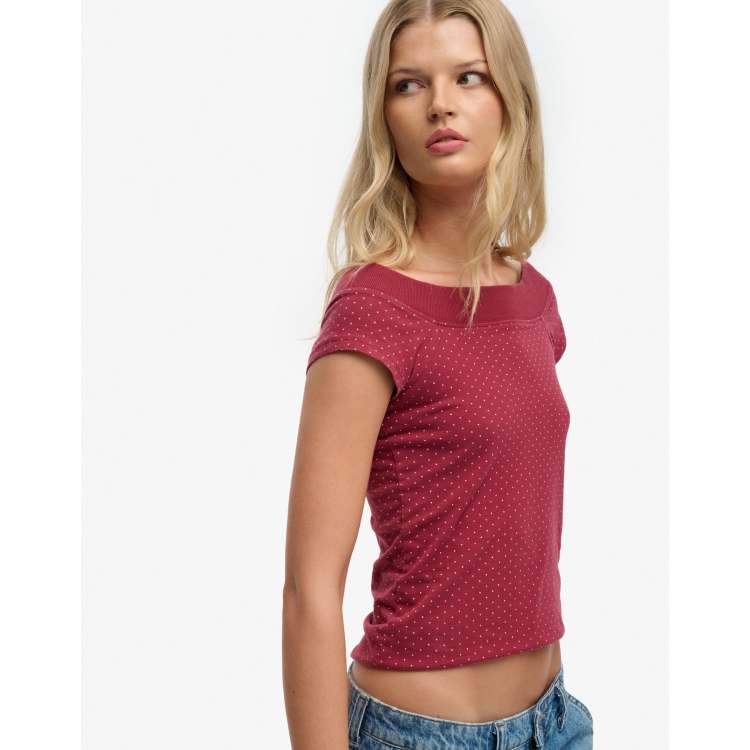 Superdry Athletic off shoulder pattern top in red dot | ASOS