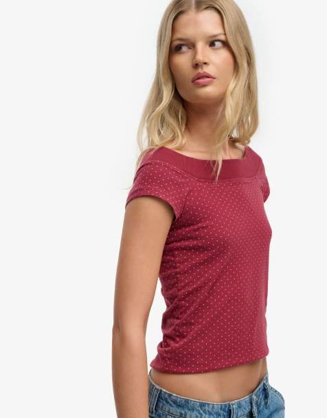 Superdry Athletic off shoulder pattern top in red dot