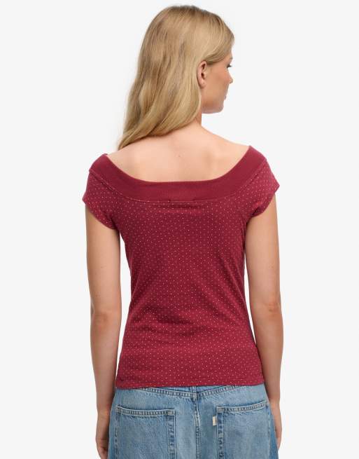 Superdry Athletic off shoulder pattern top in red dot, 2 of 4