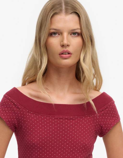 Superdry Athletic off shoulder pattern top in red dot, 3 of 4