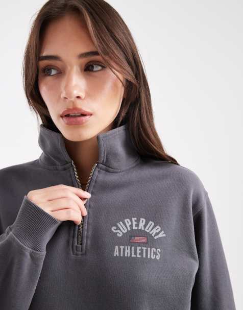 Superdry – Athletic – Pullover in Anthrazit mit Kragen und kurzem Reißverschluss - view 1