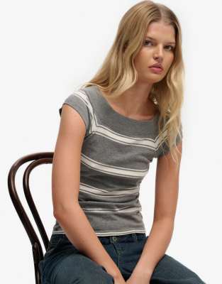 Superdry - Athletic - Schulterfreies Oberteil mit Streifen in Griffin-Grau meliert