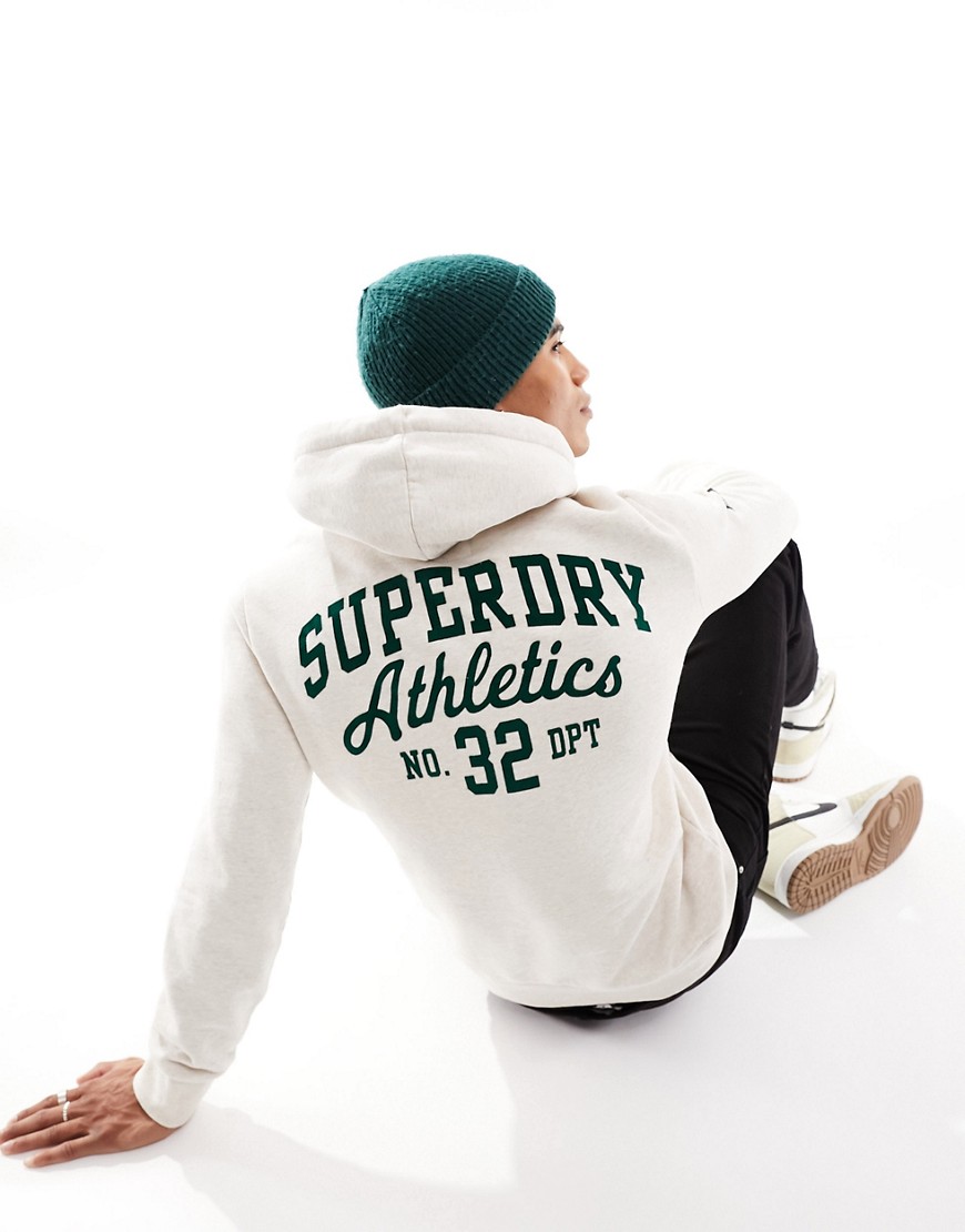 superdry athletic script flock hoodie in oaty marl-white