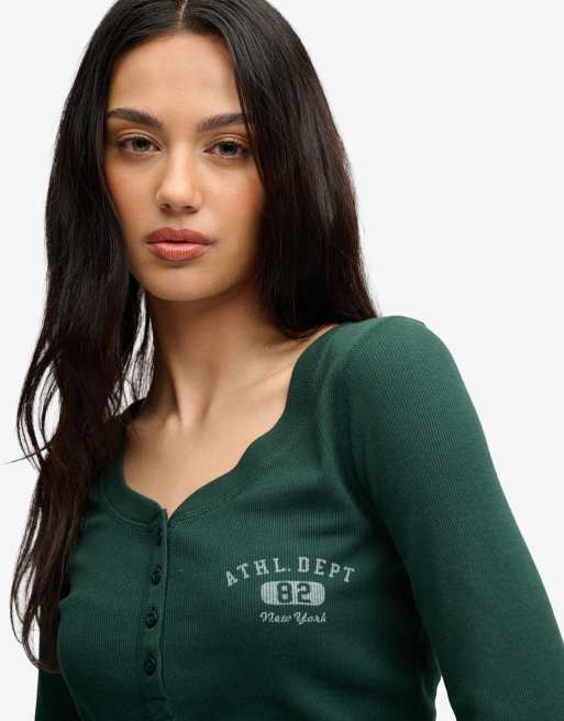 Superdry Athletic top boutonné à manches longues en vert émail, 3 de 6