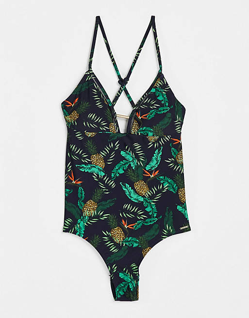 Superdry Ava cross back tropical print swimsuit in black