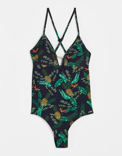 Superdry - Ava - Sort badedragt med krydsstropper på ryggen med tropisk print
