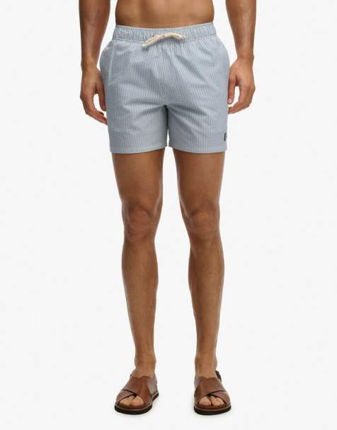 Superdry – Badeshorts aus Seersucker in Rice White/Endless Sky gestreift, 15 Zoll Schrittlänge - view 1