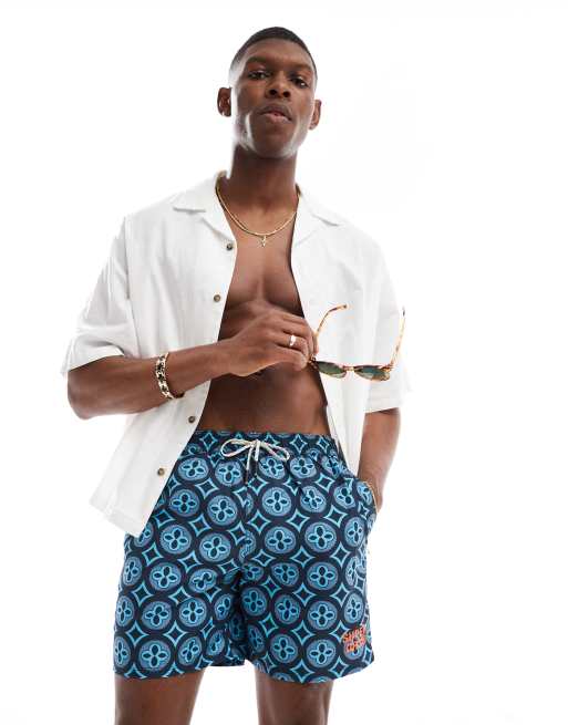 Superdry – Badeshorts in Talavera Tile Blue mit Fliesenmuster, 17 Zoll Schrittlänge