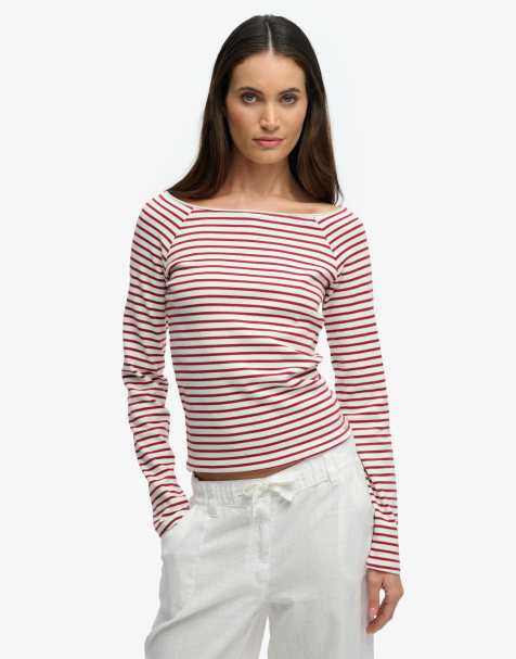 Superdry Bardot off shoulder top in bordeaux red stripe - view 1