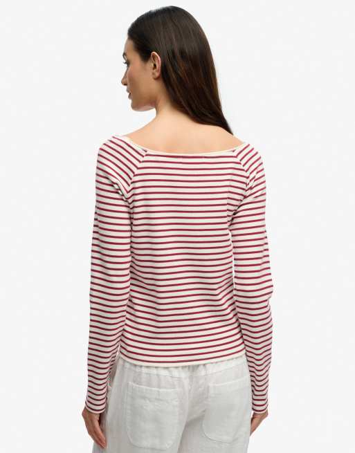 Superdry Bardot off shoulder top in bordeaux red stripe, 2 of 5
