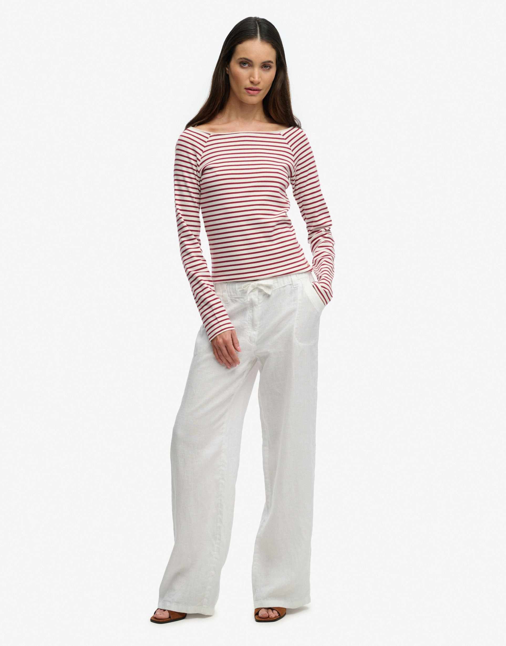 Superdry Bardot off shoulder top in bordeaux red stripe