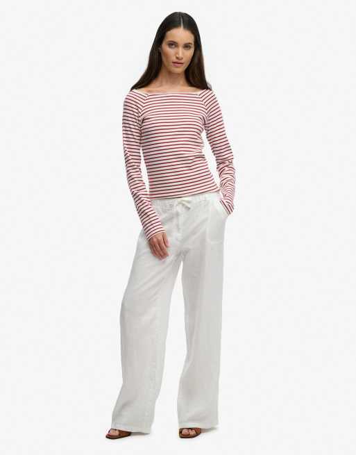 Superdry Bardot off shoulder top in bordeaux red stripe, 4 of 5