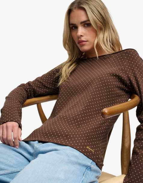 Superdry Bardot off shoulder top in chestnut brown polka dot - view 1