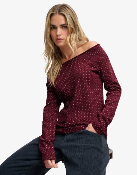 Superdry Bardot off shoulder top in port red polka dot - view 1