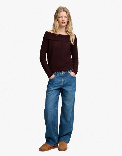 Superdry Bardot-Strickpullover in Portweinrot, 4 von 6