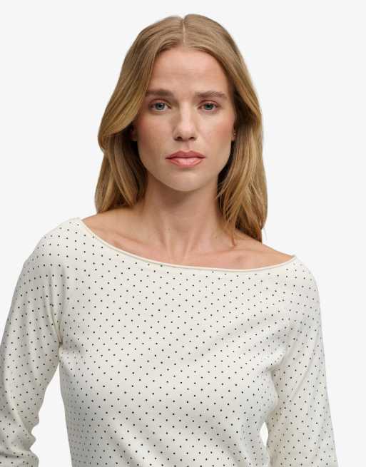 Superdry Bardot-Top mit schulterfreiem Ausschnitt in db Wollweiß mit Punkten, 3 von 5