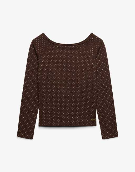 Superdry Bardot-Top mit schulterfreiem Ausschnitt in kastanienbraunem Punktmuster, 6 von 6