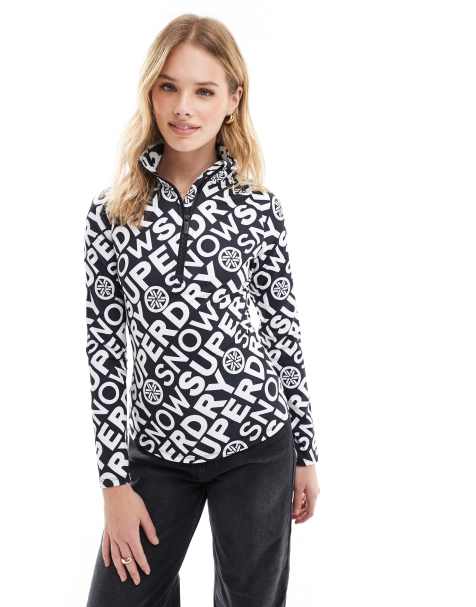 Superdry – Baselayer-Skioberteil mit halbem Reißverschluss in Schwarz mit weißem Superdry-Druck - view 1