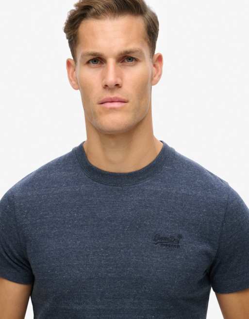 Superdry – Basic-T-Shirt aus Baumwolle in dunklem meliertem Indigoblau mit Logo