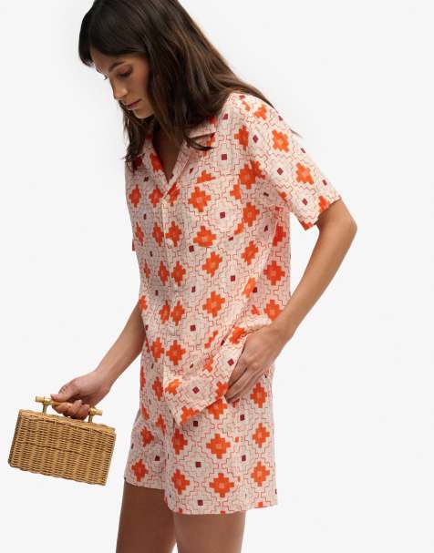 Superdry – Beach – Kurzärmliges Hemd mit Sashiko-Stickerei mit Kachelmuster in Orange - view 1