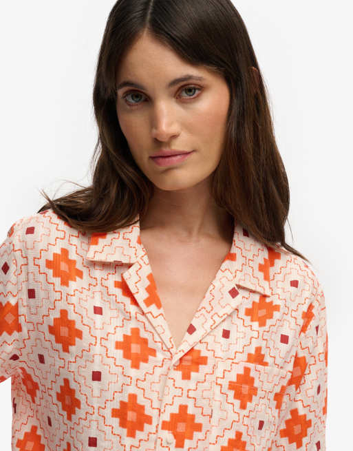 Superdry Beach printed short sleeve shirt in sashiko tile orange, 3 of 6
