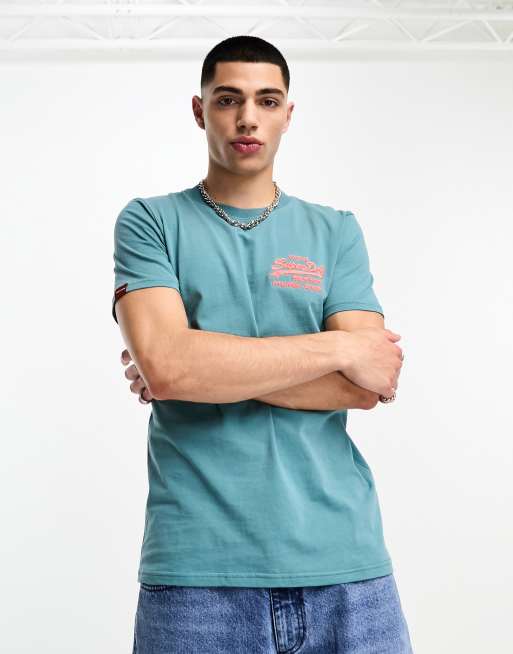 Superdry – Blå t-shirt med neonlogga i vintagestil
